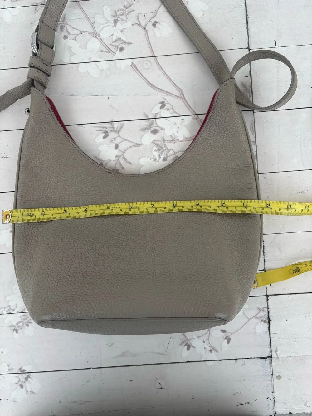 Tory Burch Taupe Pebbled Leather Shoulder Hobo with Red Lining